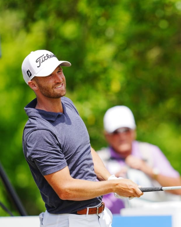 Apr 24, 2022; Avondale, Louisiana, USA; Wyndham Clark reacts after a shot on the 11th tee during the final round of the Zurich Classic of New Orleans golf tournament. Mandatory Credit: Andrew Wevers-USA TODAY Sports